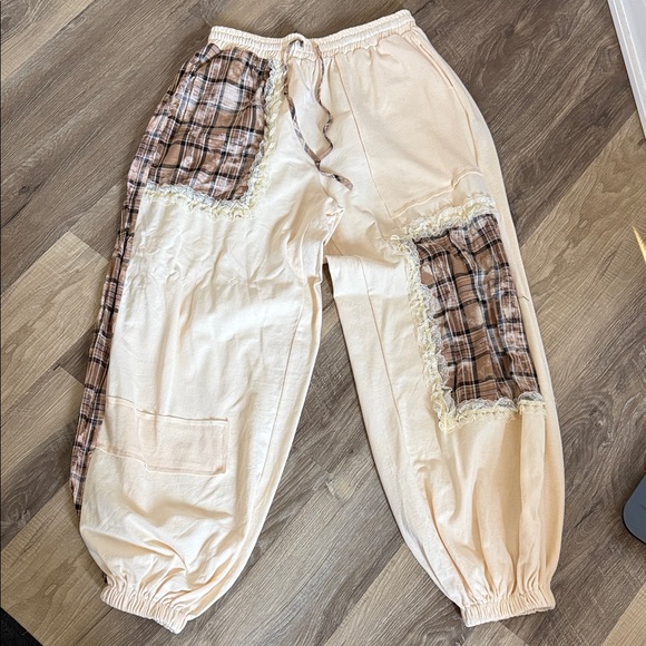 POL Pants - POL Cream and Brown Plaid Patchwork Joggers